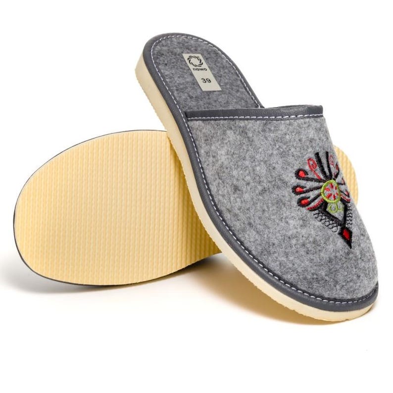 Grey Eco Felt Slippers Women Polish Embroidery House Shoes Handmade in Poland image 8