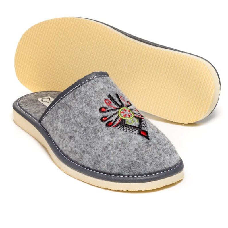Grey Eco Felt Slippers Women Polish Embroidery House Shoes Handmade in Poland image 10