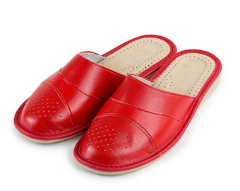 Womens Ladies Slippers Leather Home Shoes Sandals Kapcie Hausschuhe Red , ALL Sizes UK SELLER