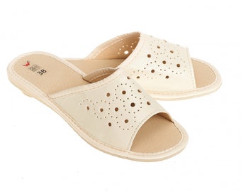 Pantoufles en cuir pour femmes, chaussures d'intérieur, sandales Kapcie Hausschuhe crème, motif floral TOUTES les tailles VENDEUR AU ROYAUME-UNI