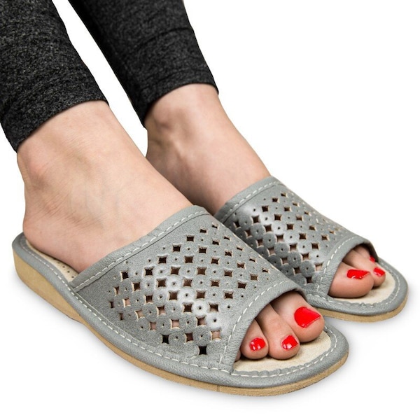 Womens Ladies Slippers Natural Leather Home Shoes Sandals Footwear Kapcie Hausschuhe Brown & Grey, ALL Sizes UK SELLER