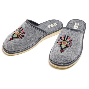 Grey Eco Felt Slippers Women Polish Embroidery House Shoes Handmade in Poland Grey 2