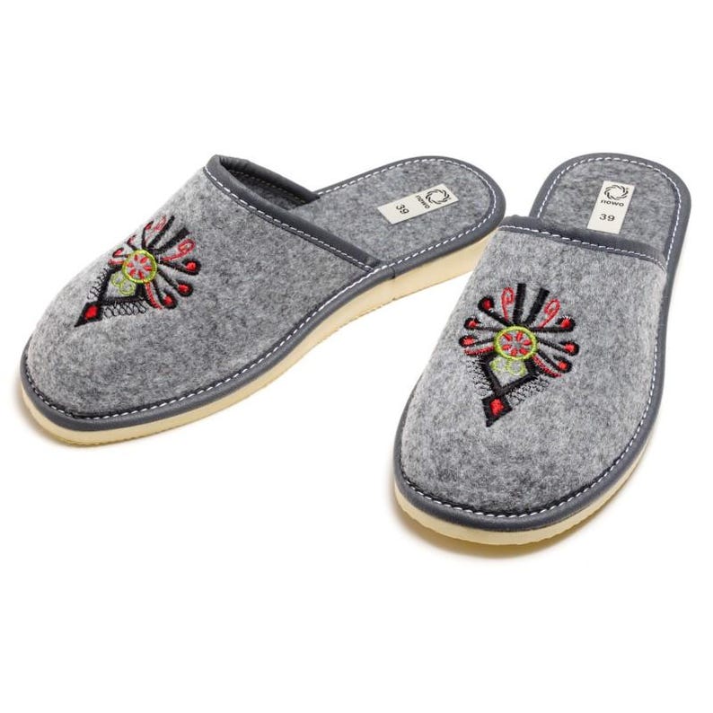 Grey Eco Felt Slippers Women Polish Embroidery House Shoes Handmade in Poland Grey 2