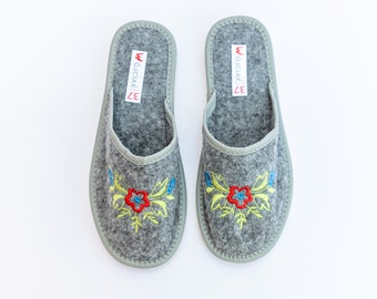 Womens Ladies Slippers Home Shoes Sandals Felt Polskie Kapcie Hausschuhe Grey Flowers,Floral Pattern ALL Sizes UK SELLER