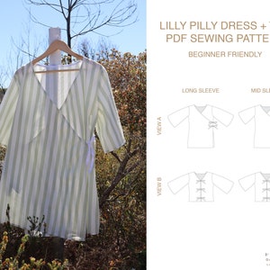 Op de afbeelding: Een lichtgroene en witte gestreepte wikkeljurk, hangend aan een houten hanger. De afbeelding bevat ook een diagram van het Lilly Pilly jurk en top naaipatroon, met de tekst "LILLY PILLY DRESS + TOP PDF SEWING PATTERN" en "BEGINNER FRIENDLY".