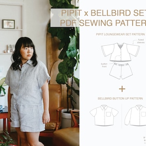 Op de afbeelding: Een PDF-naai-patroon voor een lounge-set genaamd "Pipit" en een knoopshirt genaamd "Bellbird". Het patroon bevat instructies voor het maken van een top met geplooide mouwen en een short, evenals een knoopshirt met korte of lange mouwen.