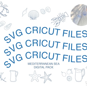 Pode incluir: Arquivos SVG Cricut azuis para um projeto de artesanato com tema do Mar Mediterrâneo. Os arquivos incluem imagens de um caranguejo, conchas marinhas, uma lagosta, uma taça de vinho, um jarro, limões, azeitonas, uma estrela do mar e uma ostra.