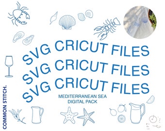 Mediterranean Sea Pack of SVG Cricut Files for Table Runner Design - Digital Download. Shell, Lobster, Crab, Lemon, Jug, Wine Glass