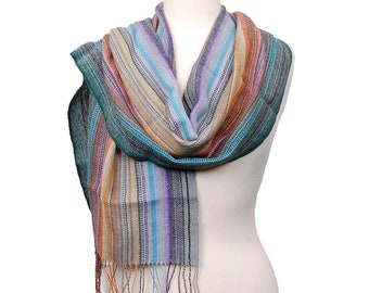 Baby Alpaca & Silk Handwoven Scarf Light Rainbow Blend