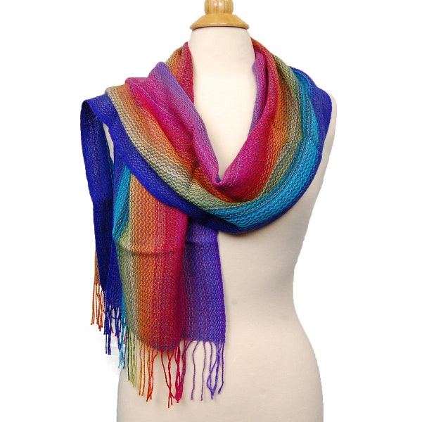 100% Baby Alpaca Handwoven Scarf | Bright Rainbow Colors | Elegant and Lightweight | Made with Hand Dyed YarnPerfect for All Year Round
