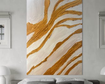Arte de pared abstracto dorado, pintado a mano, para dormitorio o sala de estar, con textura, estilo de lujo.