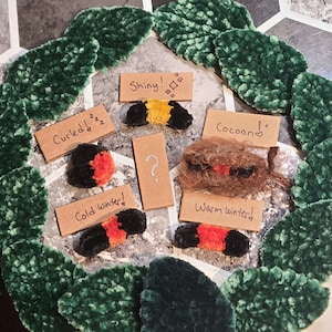 May include: A handmade wreath with green, plush leaves surrounds several small yarn creations. Each yarn piece is black, orange, and yellow. Small cardboard signs with text like "Shiny!" and "Cold Winter!" are included.