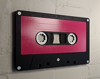 Large berry pink retro cassette tape 3D wall art / 3D retro wall art 80s wall art / Vintage Sign 80's décor