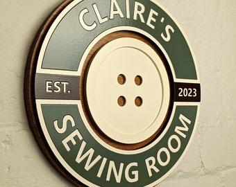 Large personalised retro style sewing sign / Custom vintage button wooden sign / personalised hobby sign