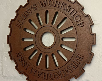 Personalised antique industrial rusty cog inspired sign / cast iron style steampunk gear vintage nameplate /  handmade hanging wall art UK