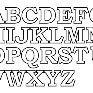 May include: Black and white outline of the alphabet in a bold, blocky font style.