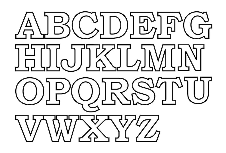 May include: Black and white outline of the alphabet in a bold, blocky font style.