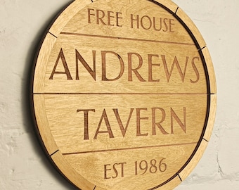 Personalised wooden barrel pub sign / customisable cask end sign / unique family name bar sign