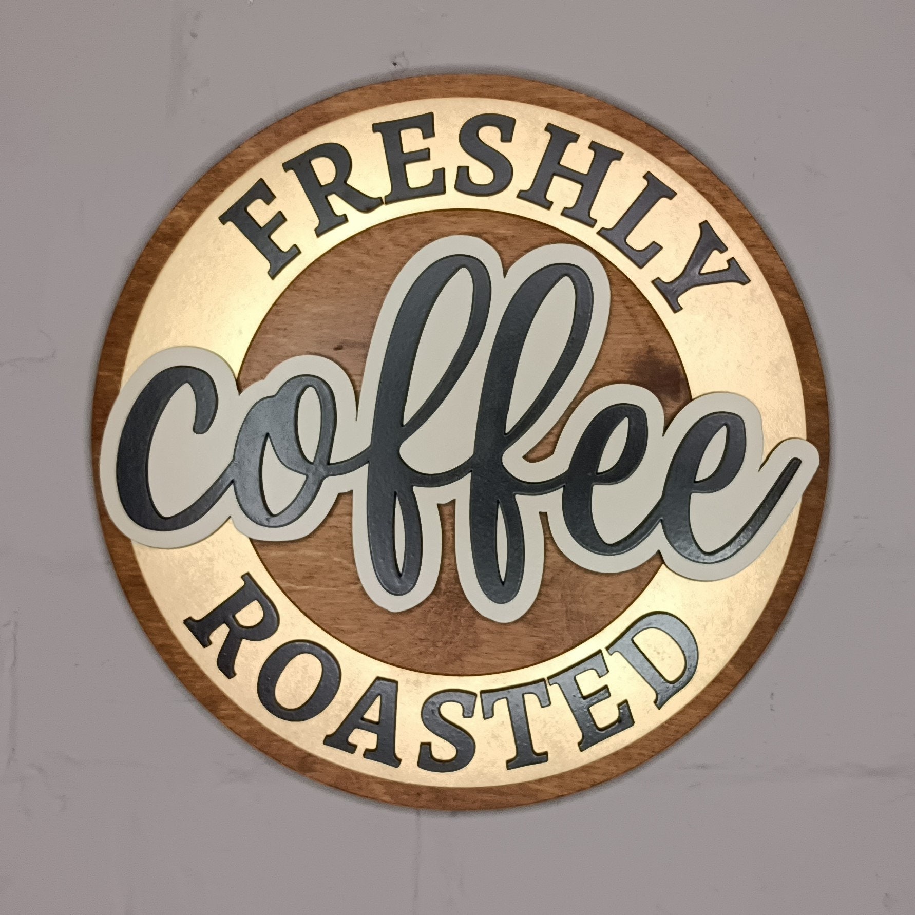 Freshly Roasted Coffee round sign / 3D Kitchen wooden logo / Etsy