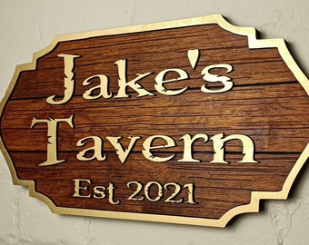 Personalised wooden fantasy style tavern sign / customisable 3D cartoon style pirate pub sign / unique family name bar sign