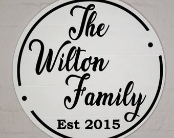 Large personalised farmhouse black on white sign / round wooden established sign / custom family name plaque unique gift, wedding present