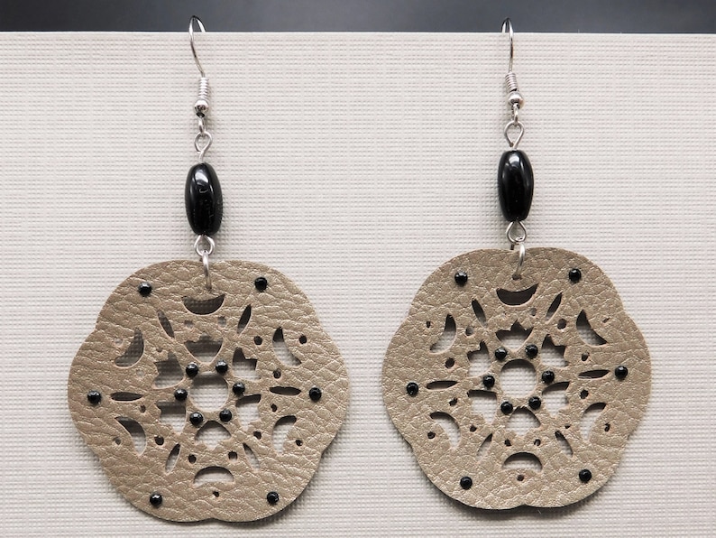Earrings Black Rhinestones Statement Jewelry | Lightweight Recycled Black Vintage Bead Mandala Pearlescent Beige Faux Leather