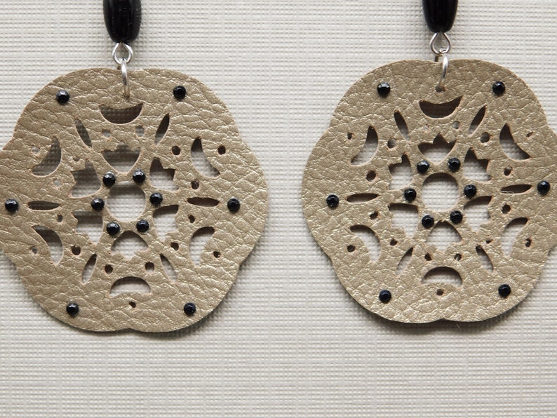 Earrings Black Rhinestones Statement Jewelry | Lightweight Recycled Black Vintage Bead Mandala Pearlescent Beige Faux Leather