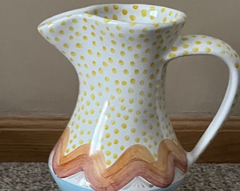 MacKenzie Childs Retired Taylor Brittany Large Hand Painted Majolica Vintage Look Beverage Drink Pitcher