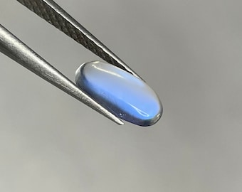 May include: A small, oval-shaped, translucent gemstone with a gradient of blue and white hues. The gem is held by a pair of silver tweezers, showcasing its polished surface and subtle color variations. The gem's shape is elongated, with rounded ends.