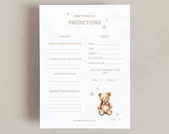 May include: A white baby shower prediction card with the text "Baby Pinnock Predictions". The card includes sections for wishes, birth details, and advice for parents. A watercolor teddy bear illustration is featured.