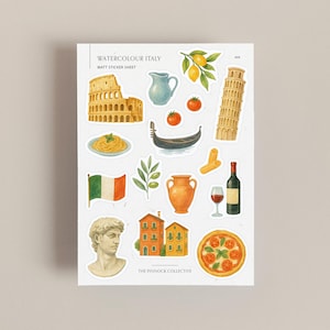 Hoja de pegatinas / Hoja de pegatinas de Italia / Pegatinas de viaje de acuarela para diario y álbumes de recortes / Pegatinas estéticas de vacaciones