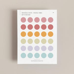 May include: A sheet of pastel coloured dot stickers. The sticker sheet has 5 rows of 7 dots each. The colours are pink, red, orange, yellow, light yellow, lavender, and light blue.