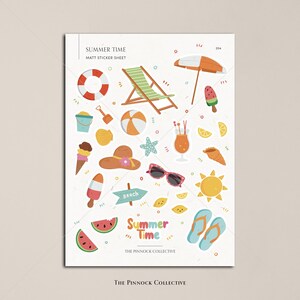 May include: A sheet of colorful summer-themed stickers featuring images of a beach chair, beach ball, ice cream cone, sunglasses, flip flops, a watermelon, a seashell, a starfish, a bucket and shovel, a beach umbrella, a popsicle, a lemon, a sun, a hat, a drink with a straw, and a sign that says "Beach". The sheet also includes the text "Summer Time" and "The Pinnock Collective".