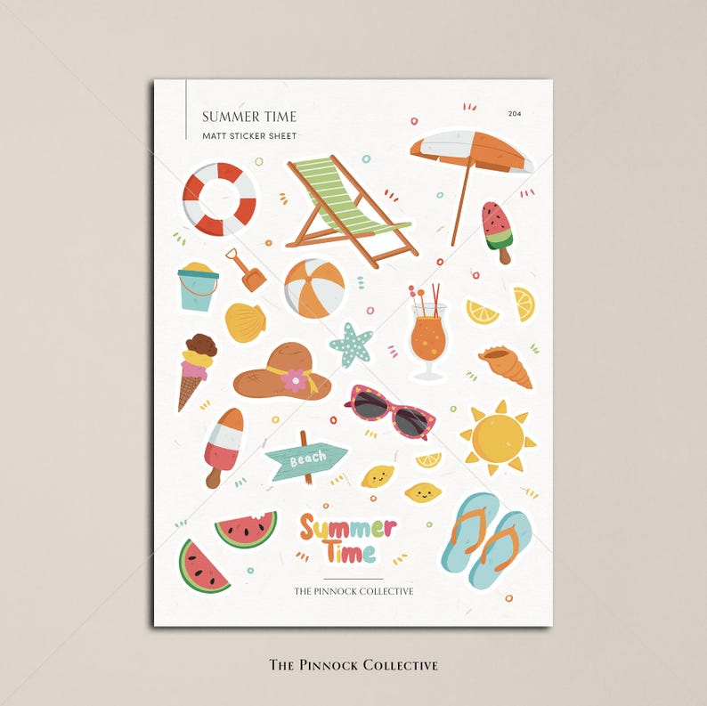 May include: A sheet of colorful summer-themed stickers featuring images of a beach chair, beach ball, ice cream cone, sunglasses, flip flops, a watermelon, a seashell, a starfish, a bucket and shovel, a beach umbrella, a popsicle, a lemon, a sun, a hat, a drink with a straw, and a sign that says "Beach". The sheet also includes the text "Summer Time" and "The Pinnock Collective".