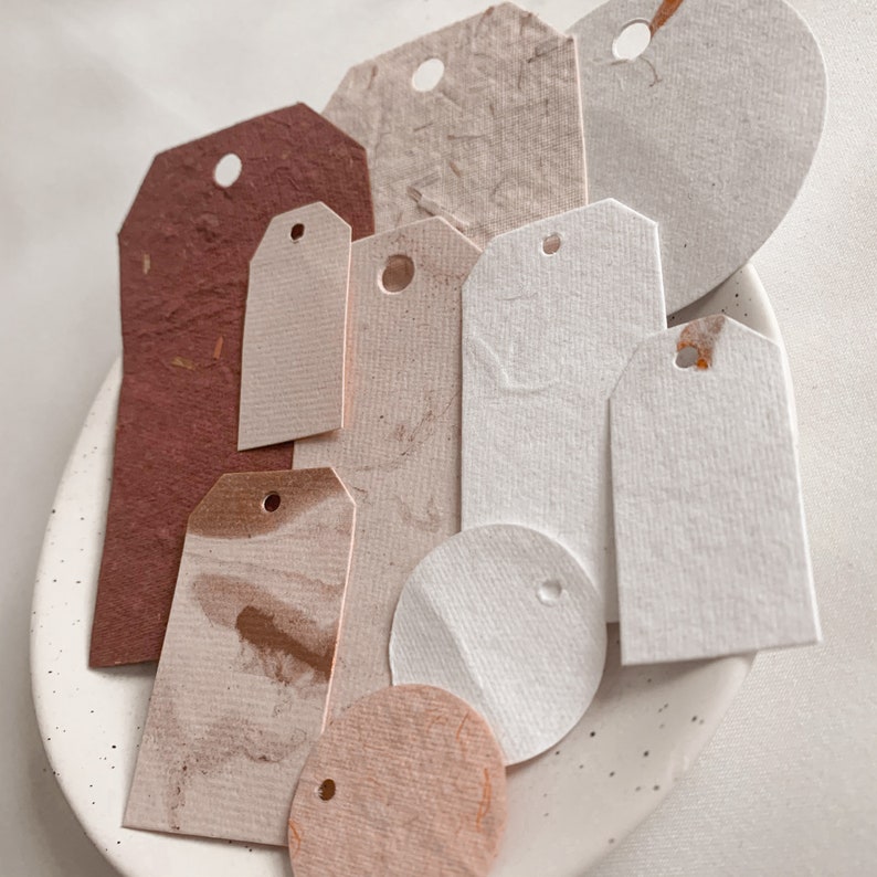 Handmade paper tags, in random sizes, and colours, with minimal cream and red palette, metallic accents, and textured, ephemera tags image 5