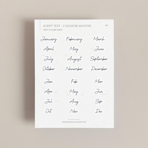 Puede incluir: Una hoja de papel adhesivo mate con texto manuscrito en letra cursiva de los meses del año, tanto en forma completa como abreviada. El texto dice "SCRIPT TEXT - CALENDAR MONTHS" y "MATT STICKER SHEET".