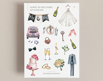 May include: A matt sticker sheet with watercolor illustrations of wedding-themed elements. Includes a wedding dress, champagne bottles, a pink car, a cake, rings, and the text "Going to the Chapel" and "Mr & Mrs".