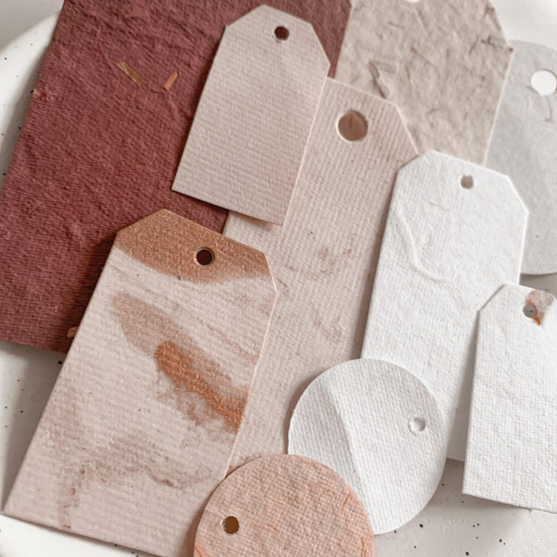 Handmade paper tags, in random sizes, and colours, with minimal cream and red palette, metallic accents, and textured, ephemera tags image 6