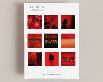 May include: A sheet of red aesthetic matte stickers featuring nine different images, including red lanterns, a red eye, a neon sign that says "ENTER", a red sunset, a red building, a pair of legs in red shoes, and a sign that says "LOVE IS A LOSING GAME".