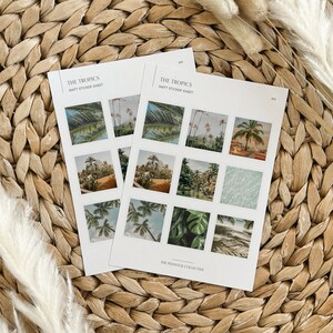 May include: Two sheets of matte sticker paper with tropical themed illustrations. The sticker sheet is titled "The Tropics" and features images of palm trees, beaches, and tropical plants.