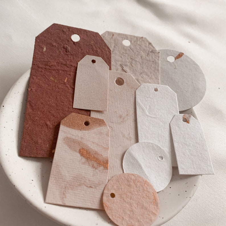 Handmade paper tags, in random sizes, and colours, with minimal cream and red palette, metallic accents, and textured, ephemera tags image 4