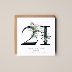 Carte d'anniversaire personnalisée pour 21 ans | carte florale aquarelle | Numéro de carte monogramme | carte d'anniversaire florale | Célébration du 21e anniversaire