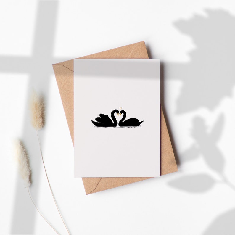 Minimalist Swans in Love Greeting Card Minimal Card A6 Greeting Cards Anniversary Wedding Cards Cards for her Mate cards swans image 2