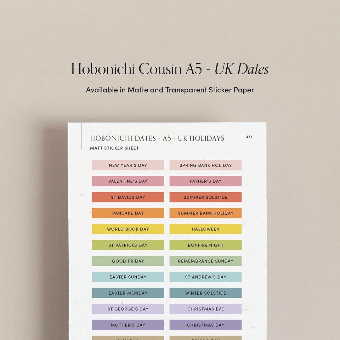 Hobonichi Cousin Calendar Date Stickers | A5 | UK Holidays | Planner ...