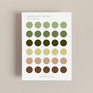 May include: A sheet of matte stickers with a variety of green, brown and beige circles. The sticker sheet is titled "Minimal Dots - Matcha" and "Matt Sticker Sheet". The bottom of the sheet reads "The Pinnock Collective".