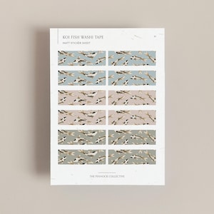 May include: A sheet of 12 koi fish washi tape stickers. The stickers are in a variety of colours, including blue, green, and pink. The stickers are arranged in rows of two, with each row featuring a different colour scheme. The text "KOI FISH WASHI TAPE" and "MATT STICKER SHEET" is printed at the top of the sheet. The text "THE PINNOCK COLLECTIVE" is printed at the bottom of the sheet.