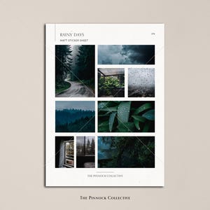 Pu&ograve; includere: Un foglio di adesivi con un tema di giornata piovosa. Il foglio presenta nove immagini di foreste, gocce di pioggia e finestre. Il testo "Rainy Days" e "Matt Sticker Sheet" &egrave; stampato nella parte superiore del foglio. Il testo "The Pinnock Collective" &egrave; stampato nella parte inferiore del foglio.