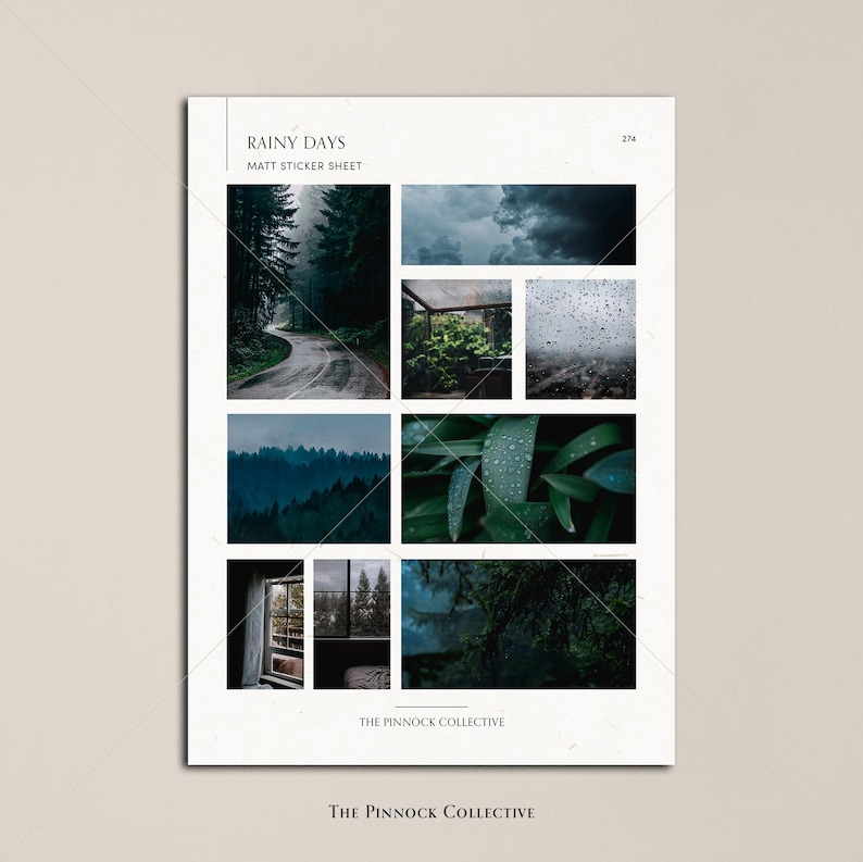 Pu&ograve; includere: Un foglio di adesivi con un tema di giornata piovosa. Il foglio presenta nove immagini di foreste, gocce di pioggia e finestre. Il testo "Rainy Days" e "Matt Sticker Sheet" &egrave; stampato nella parte superiore del foglio. Il testo "The Pinnock Collective" &egrave; stampato nella parte inferiore del foglio.