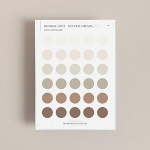 May include: A sheet of matte sticker dots in various shades of beige, brown, and cream. The sheet is titled "Minimal Dots - Neutral Dreams" and "Matt Sticker Sheet". The bottom of the sheet reads "The Pinnock Collective".