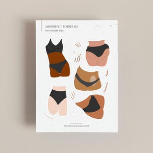 Adesivos de corpos (im)perfeitos ilustrados à mão, apresentando vários tipos de corpo, vitiligo, estrias, pintas e cicatrizes. Folha de adesivos